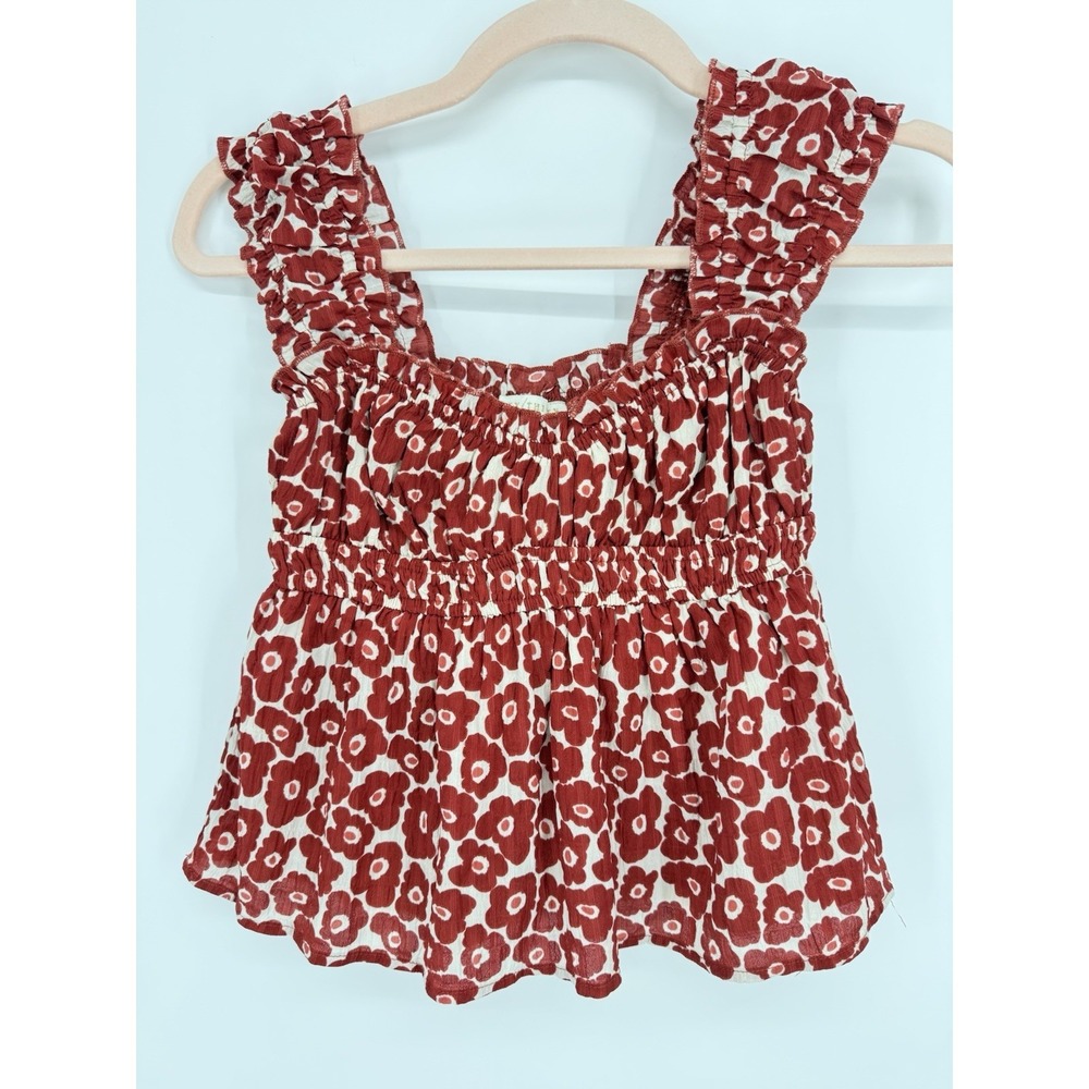 Thirty Thirty Smocked Babydoll Top Red Floral Ruffle Peasant Coquette Milkmaid S